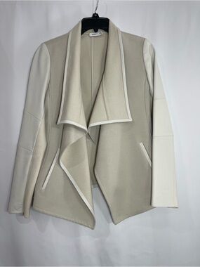 Vince lamb leather Drape Front Two-Tone Open Jacket Cream & White wool blend XS